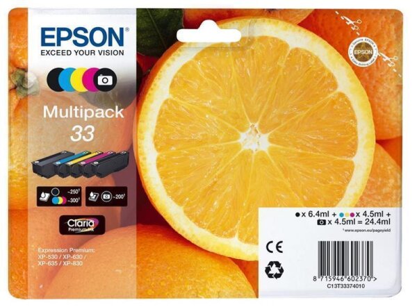 Y-C13T33374011 | Epson Oranges Multipack 5-colours 33 Claria Premium Ink - Standardertrag - Tinte auf Pigmentbasis - Tinte auf Farbstoffbasis - 6,4 ml - 4,5 ml - 1 Stück(e) | C13T33374011 | Tintenpatronen |