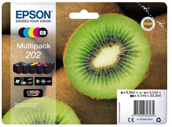 Y-C13T02E74010 | Epson Kiwi Multipack 5-colours 202 Claria Premium Ink - Standardertrag - Tinte auf Pigmentbasis - Tinte auf Farbstoffbasis - 6,9 ml - 4,1 ml - 1 Stück(e) | C13T02E74010 | Tintenpatronen |