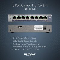 X-GS108E-300PES | Netgear GS108E Switch 8 Port Gigabit Ethernet LAN Switch Plus (Managed Netzwerk Switch mit IGMP - QoS - VLAN - lüfterloses Metallgehäuse - ProSAFE Lifetime-Garantie) - Managed - Gigabit Ethernet (10/100/1000) - Vollduplex | GS108E-300PES