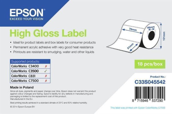 Y-C33S045542 | Epson High Gloss Label - Die-cut Roll: 76mm x 51mm - 610 labels - Glanz - Epson ColorWorks C7500G ColorWorks CW-C6500 ColorWorks CW-C6000Pe ColorWorks CW-C6000Ae... - 7,6 cm - 5,1 cm - 1 Stück(e) - 113 mm | C33S045542 | Verbrauchsmaterial