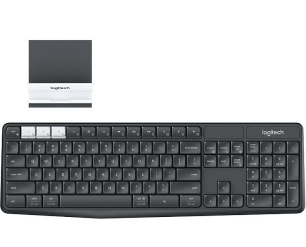 Y-920-008168 | Logitech K375s Multi-Device Wireless Keyboard and Stand Combo - Volle Größe (100%) - Kabellos - RF Wireless + Bluetooth - Mechanischer Switch - QWERTZ - Graphit - Weiß | 920-008168 | PC Komponenten