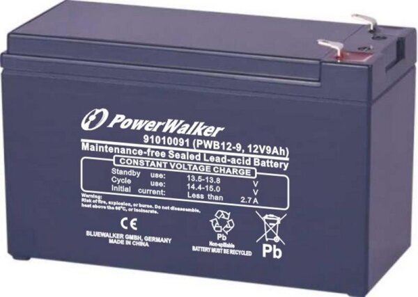 PowerWalker PWB12-9. Batterietechnologie: Plombierte Bleisäure (VRLA), Batteriespannung: 12 V, Batteriekapazität: 9 Ah. Breite: 65 mm, Höhe: 99 mm, Tiefe: 151 mm