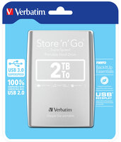 Verbatim Portables Festplattenlaufwerk Store n Go USB 3.0, 2 TB, Silber. HDD Kapazität: 2048 GB. USB-Version: 3.2 Gen 1 (3.1 Gen 1). HDD Geschwindigkeit: 5400 RPM. Produktfarbe: Silber