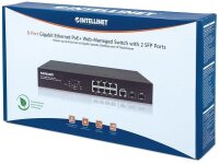 Intellinet 8-Port Gigabit Ethernet PoE+ Web-Managed Switch mit 2 SFP-Ports - 8 x PoE-Ports - IEEE 802.3at/af Power over Ethernet (PoE+/PoE) - 140 W - Endspan - Desktop - PDM-Funktion - 19" Rackmount - Managed - Gigabit Ethernet (10/100/1000) - Power over