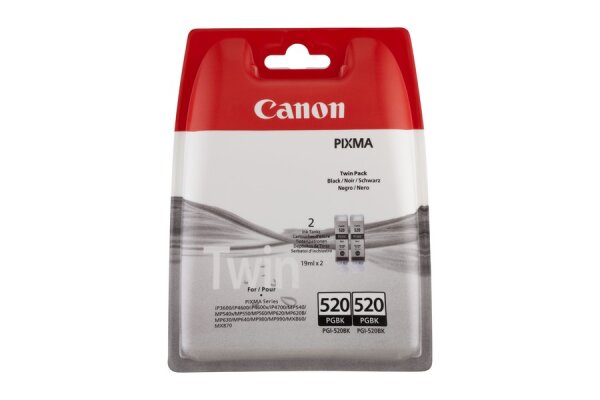 Canon PGI-520BK Tinte Schwarz (Doppelpack). Schwarzer Tintentyp: Tinte auf Pigmentbasis, Versorgungstyp: Multipack, Menge pro Packung: 2 Stück(e)