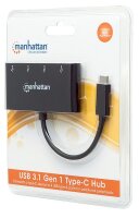 P-162746 | Manhattan USB-C 3.1 Gen 1 Typ C-Hub - 4 USB Typ A-Ports - Stromversorgung über USB - USB 3.2 Gen 1 (3.1 Gen 1) Type-C - USB 3.2 Gen 1 (3.1 Gen 1) Type-A - 5000 Mbit/s - Schwarz - Acrylnitril-Butadien-Styrol (ABS) - 0,2 m | 162746 | USB-Hubs |