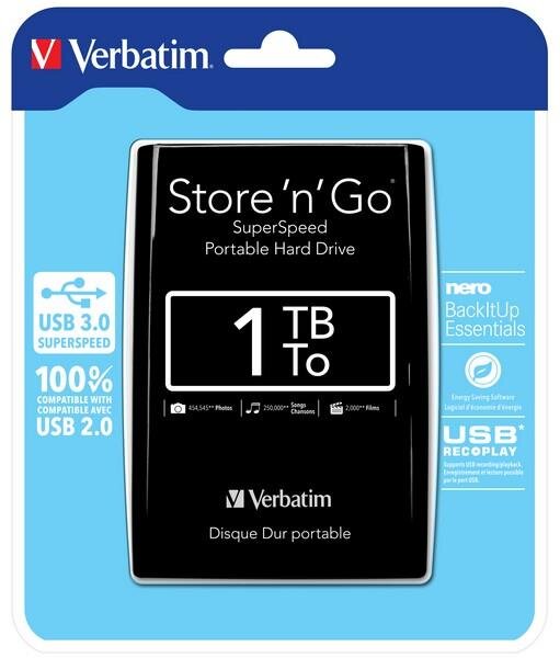 Verbatim Portables Festplattenlaufwerk Store n Go USB 3.0 - 1 TB - Schwarz - 1000 GB - 2.5 Zoll - 5400 RPM - Schwarz