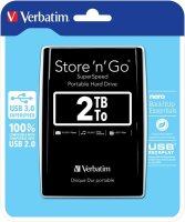 Verbatim Portables Festplattenlaufwerk Store n Go USB 3.0, 2 TB, Schwarz. HDD Kapazität: 2048 GB. USB-Version: 3.2 Gen 1 (3.1 Gen 1). HDD Geschwindigkeit: 5400 RPM. Produktfarbe: Schwarz