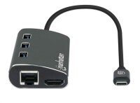 P-152440 | Manhattan USB 3.2 Gen 1 USB-C Multiport-Adapter - USB-C-Stecker auf HDMI-Buchse (4K@30Hz) - drei USB-A-Ports auf der Oberseite - USB-C Power Delivery-Port (PD 3.0) - Gigabit RJ45-Port und SD/MicroSD Card Reader - Aluminium - schwarz - USB Typ-C