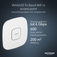 X-WAX630-100EUS | Netgear Insight Cloud Managed WiFi 6 AX6000 Tri-band Multi-Gig Access Point (WAX630) - 6000 Mbit/s - 1200 Mbit/s - 2400 Mbit/s - 100,1000,2500 Mbit/s - IEEE 802.11ax - IEEE 802.11i - IEEE 802.3af - IEEE 802.3at - 200 Benutzer | WAX630-10