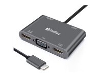 A-136-35 | SANDBERG USB-C Dock 2xHDMI+1xVGA+USB+PD - Verkabelt - USB 3.2 Gen 1 (3.1 Gen 1) Type-C - Grau - 4K Ultra HD - 3840 x 2160 Pixel - 1920 x 1080 Pixel | 136-35 | PC Systeme