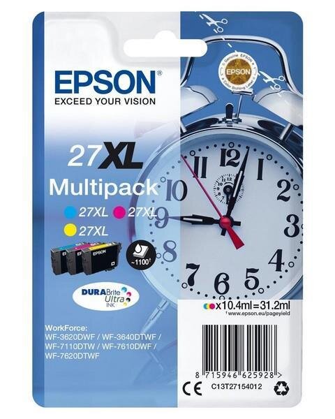Y-C13T27154012 | Epson Alarm clock Multipack 3-colour 27XL DURABrite Ultra Ink - Hohe (XL-) Ausbeute - Tinte auf Pigmentbasis - 10,4 ml - 1100 Seiten - 1 Stück(e) - Multipack | C13T27154012 | Verbrauchsmaterial