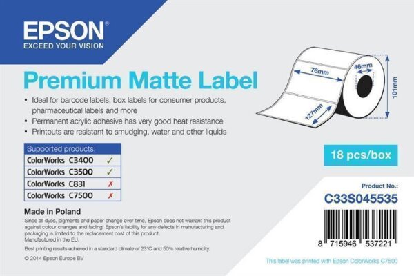 Y-C33S045535 | Epson Premium Matte Label - Die-cut Roll: 76mm x 127mm - 265 labels - Weiß - Tintenstrahl - Acryl - Dauerhaft - Matte - - Epson TM-C3400BK - Epson TM-C3400-LT - Epson ColorWorks C7500G - Epson ColorWorks C7500 -... | C33S045535 | Verbrauchs