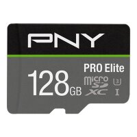 PNY PRO Elite. Kapazität: 128 GB, Flash Card Typ: MicroSDXC, Flash-Memory-Klasse: Klasse 10, Interner Speichertyp: UHS-I, UHS Speed Klasse: Class 3 (U3). Produktfarbe: Schwarz, Grau