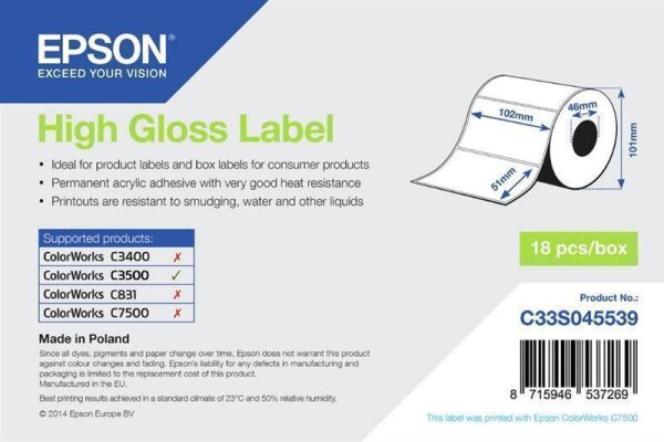 Y-C33S045539 | Epson High Gloss Label - Die-cut Roll: 102mm x 51mm - 610 labels - Glanz - Epson ColorWorks C7500G ColorWorks CW-C6500 ColorWorks CW-C6000Pe ColorWorks CW-C6000Ae... - 10,2 cm - 5,1 cm - 1 Stück(e) - 113 mm | C33S045539 | Verbrauchsmaterial