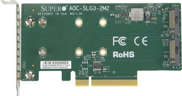 A-AOC-SLG3-2M2-O | Supermicro AOC-SLG3-2M2 - PCIe - M.2 - Niedriges Profil - PCIe 3.0 - Grün - 10 - 55 °C | AOC-SLG3-2M2-O | PC Komponenten