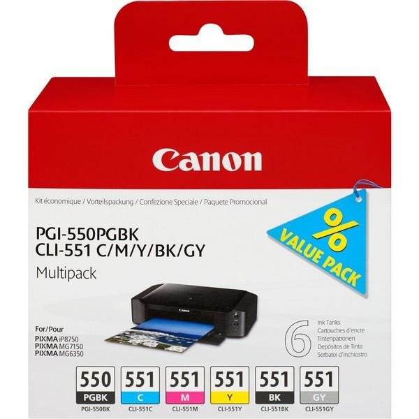I-6496B005 | Canon PGI-550/CLI-551 PGBK/C/M/Y/BK/GY Multipack mit 6 Tinten - Tinte auf Pigmentbasis - Tinte auf Farbstoffbasis - 6 Stück(e) - Multipack | 6496B005 | Verbrauchsmaterial