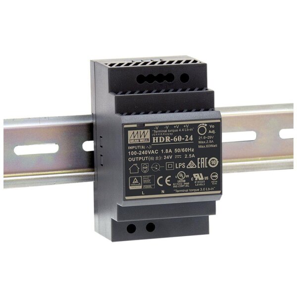 L-HDR-60-5 | Meanwell MEAN WELL HDR-60-5 - 85 - 264 V - 60 W - 5 V - 6,5 A - 52,5 mm - 54,5 mm | HDR-60-5 | PC Komponenten