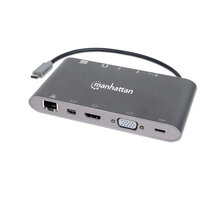 Manhattan SuperSpeed USB-C 7-in-1-Dockingstation - USB 3.1 Typ C-Stecker auf HDMI - Mini DisplayPort oder VGA - drei USB 3.0 Typ A-Ports - USB-C-PD-Port - Gigabit-RJ45-Port - SD-Kartenleser und 3,5 mm-Audioanschluss; Aluminium - grau - USB 3.2 Gen 1 (3.1