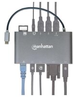 Manhattan SuperSpeed USB-C 7-in-1-Dockingstation - USB 3.1 Typ C-Stecker auf HDMI - Mini DisplayPort oder VGA - drei USB 3.0 Typ A-Ports - USB-C-PD-Port - Gigabit-RJ45-Port - SD-Kartenleser und 3,5 mm-Audioanschluss; Aluminium - grau - USB 3.2 Gen 1 (3.1