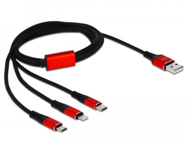 Delock USB Ladekabel 3 in 1 for Lightnin / Micro USB / USB Type-C 1 m - 1 m - USB A - USB C/Micro-USB B/Lightning - USB 2.0 - Schwarz - Rot