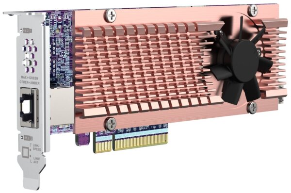 QNAP Card QM2 series 2xPCIe 2280 M.2 SSD slots PCIe Gen4x8 2xAQC113C 10GbE NBASE-T