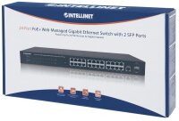 P-560559 | Intellinet 24-Port Gigabit Ethernet PoE+ Web-Managed Switch mit 2 SFP-Ports - 24 x PoE ports - IEEE 802.3at/af Power over Ethernet (PoE+/PoE) - 2 x SFP - Endspan - PDM-Funktion - 19" Rackmount - Gigabit Ethernet (10/100/1000) - Power over Ether