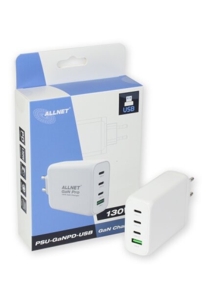 L-PSU-GANPD-USB-1A3C-130W | ALLNET ply 130 Watt 1x USB Typ-A QC 3x Typ-C**EU PLUG** | PSU-GANPD-USB-1A3C-130W | Elektro & Installation