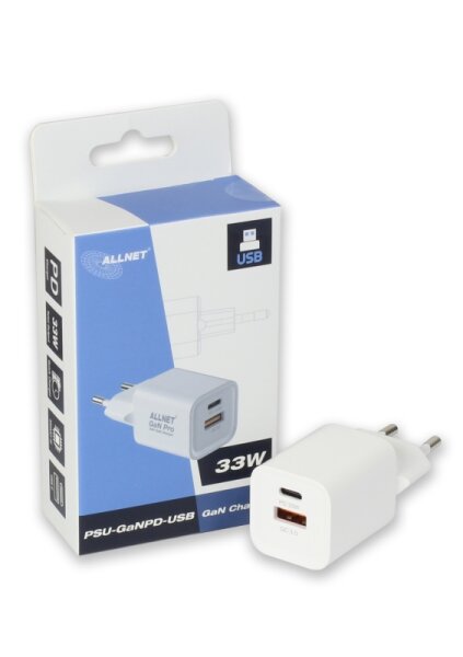 L-PSU-GANPD-USB-1A1C-33W | ALLNET Ersatznetzteil QC USB-C PD GaN Netzteil Power Supply 33 Watt 1x USB Typ-A QC | PSU-GANPD-USB-1A1C-33W | Elektro & Installation