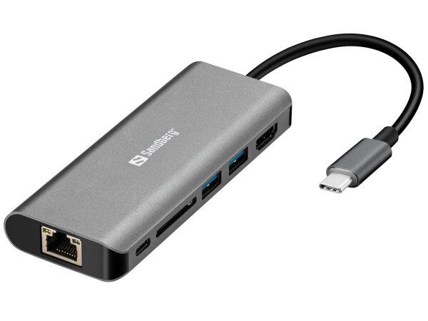 ET-136-18 | SANDBERG USB-C Dock HDMI+LAN+SD+USB,61W - USB 3.2 Gen 1 (3.1 Gen 1) Type-C - HDMI - RJ-45 - USB 3.2 Gen 1 (3.1 Gen 1) Type-A - USB 3.2 Gen 1 (3.1 Gen 1) Type-C - MMC - MicroSD (TransFlash) - SD - SDHC - SDXC - 5000 Mbit/s - Grau - Aluminium |