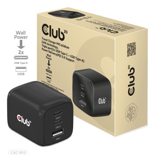 Club 3D Reiseladegerät PPS 65Watt GAN-Technologie - Dreifachanschluss (2x USB Typ-C + USB Typ-A) Power Delivery (PD) 3.0 Unterstützung - Indoor - AC - 20 V - 20 A - 1 m - Schwarz