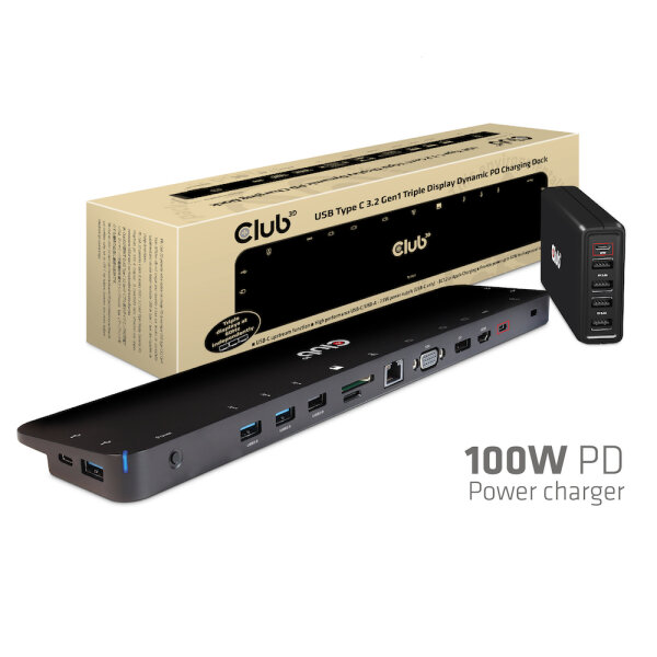 Club 3D USB Type C 3.2 Gen1 Triple Display Dynamic PD Charging Dock 100W PD Power charger - Andocken - USB 3.2 Gen 1 (3.1 Gen 1) Type-C - Schwarz - Lenovo Dell Acer Asus. MSI. Toshiba Apple HP Razer - Meets ROHS - FCC - and CE EMI requirements