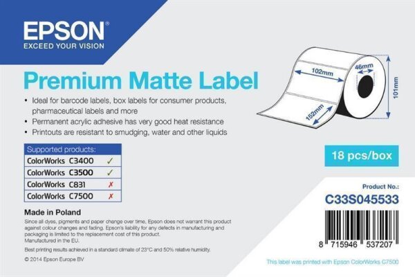 Y-C33S045533 | Epson Premium Matte Label - Die-cut Roll: 102mm x 152mm - 225 labels - Weiß - Tintenstrahl - Acryl - Dauerhaft - Matte - - Epson TM-C3400BK - Epson TM-C3400-LT - Epson ColorWorks C7500G - Epson ColorWorks C7500 -... | C33S045533 | Verbrauch