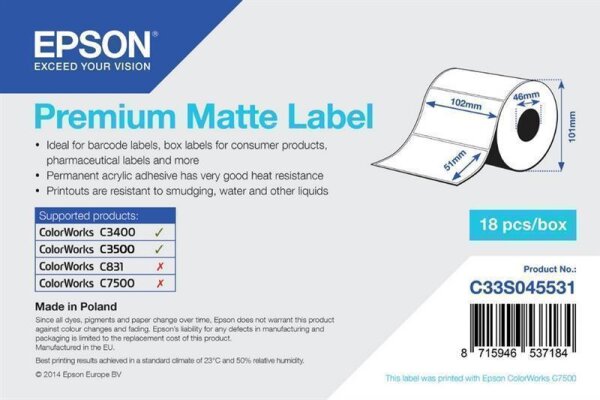 Y-C33S045531 | Epson Premium Matte Label - Die-cut Roll: 102mm x 51mm - 650 labels - Tintenstrahl - Acryl - Dauerhaft - Matte - Epson TM-C3400BK Epson TM-C3400-LT Epson ColorWorks C7500G Epson ColorWorks C7500 ColorWorks... - 10,2 cm | C33S045531 | Verbra