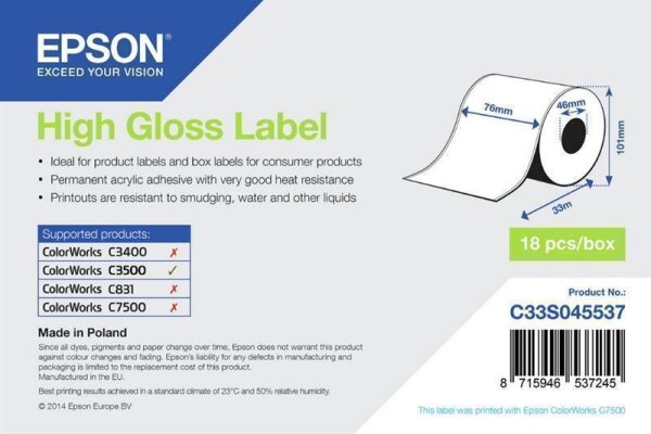 Y-C33S045537 | Epson High Gloss Label - Continuous Roll: 76mm x 33m - Glanz - Epson ColorWorks C7500G ColorWorks CW-C6500 ColorWorks CW-C6000Pe ColorWorks CW-C6000Ae ColorWorks... - 7,6 cm - 33 m - 1 Stück(e) - 113 mm | C33S045537 | Verbrauchsmaterial | G