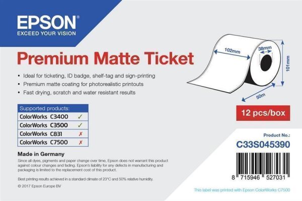 Epson Premium Matte Ticket Roll - 102 mm x 50 m - Matte - 107 g/m&sup2; - 1 St&uuml;ck(e) - 114 mm - 104 mm - 120 mm